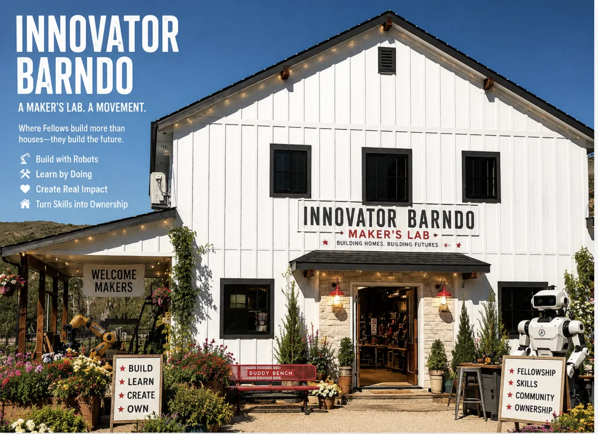 Innovator Barndo building with a sign for makers