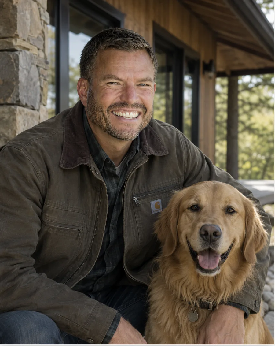 A smiling man with a dog in a rural setting