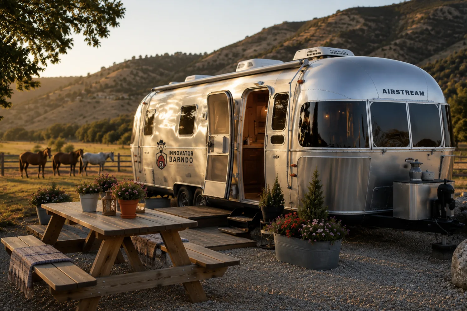 A rural community setting with an Airstream and outdoor gathering space
